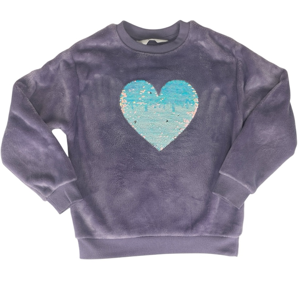 H&M Girls Purple Heart Cozy Sweatshirt Sweater Reversible Sequin Size US 6x/7
